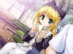  animal_hat bekkankou blonde_hair cat_hat dutch_angle eating food frills green_eyes hat hat_with_ears long_hair non-web_source out_of_frame sandwich solo_focus wreathlit_noel yoake_mae_yori_ruri_iro_na 