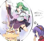  arao bad_id bad_pixiv_id blonde_hair blood detached_sleeves eating frog gohei green_eyes green_hair hair_ornament hat highres hitting imagining kochiya_sanae long_hair moriya_suwako multiple_girls purple_eyes purple_hair short_hair snake thigh_strap thought_bubble touhou translated ufo wide_sleeves yasaka_kanako 