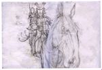  1girl absurdres armor azai_nagamasa_(sengoku_basara) highres horse monochrome naginata oichi_(sengoku_basara) polearm purple sengoku_basara sketch tsuchibayashi_makoto weapon 