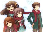  3girls asahina_mikuru bad_id bad_pixiv_id cardigan hijiki_(hijikini) kita_high_school_uniform kyon multiple_girls nagato_yuki scarf school_uniform serafuku shared_scarf suzumiya_haruhi suzumiya_haruhi_no_yuuutsu 