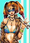  :p \m/ bad_id bad_pixiv_id bikini_top bracelet breasts cleavage drill_hair eyepatch full-length_zipper hair_ornament hairclip jewelry jumpsuit large_breasts multicolored multicolored_hair multicolored_nails nail_art nail_polish necklace open_clothes original pins sleeves_rolled_up solo striped sunglasses tongue tongue_out twintails unzipped wrench yuura zipper 