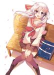  :d bad_id bad_pixiv_id bag bench black_legwear blush boots cherry_blossoms from_above hair_ornament hands_on_own_knees long_hair looking_at_viewer mishima_kurone ogawa_momoko open_mouth pleated_skirt purple_eyes sakura_contact school_bag school_uniform silver_hair sitting skirt smile thighhighs wind zettai_ryouiki 