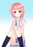  :&lt; alternate_costume blush i-58_(kantai_collection) kantai_collection masuishi_kinoto no_hairclip panties pantyshot pantyshot_(sitting) pink_hair plaid plaid_skirt red_eyes ribbon school_uniform sitting skirt solo sweater underwear white_panties 