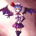 alternate_costume bad_id bad_pixiv_id bare_shoulders bat bat_wings blue_hair bow brooch elbow_gloves garter_straps gloves hat hat_ribbon jewelry looking_at_viewer midriff mob_cap navel outstretched_arm outstretched_hand pleated_skirt purple_gloves purple_legwear red_eyes remilia_scarlet ribbon shirt skirt sleeveless sleeveless_shirt solo sumapan thighhighs touhou wings zettai_ryouiki 