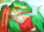  2014 abs anthro beach biceps big_muscles claws clothing crocodile eyewear fangs glasses green_skin grin horn league_of_legends lifeguard looking_at_viewer male muscles orange_eyes outside pecs pose rabbity renekton reptile sand scale scales scalie sea seaside shirt shorts sitting sky smile solo spread_legs spreading sunglasses tank_top teeth tight_clothing toned water whistle yellow_eyes yellow_skin 
