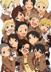  6+boys :d annie_leonhardt armin_arlert bad_id bad_pixiv_id bertolt_hoover boots christa_renz connie_springer cropped_jacket eren_yeager everyone glasses hange_zoe highres idolmaster jean_kirchstein levi_(shingeki_no_kyojin) marco_bodt multiple_boys multiple_girls open_mouth paradis_military_uniform parody pipe_(suzikiippo) reiner_braun sasha_braus shingeki_no_kyojin smile strap style_parody v ymir_(shingeki_no_kyojin) 