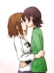  blush brown_eyes brown_hair closed_eyes glasses hair_ornament hairclip hirasawa_yui imminent_kiss k-on! kagiana manabe_nodoka multiple_girls short_hair standing yuri 