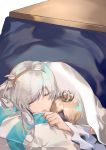  1girl absurdres anastasia_(fate/grand_order) cushion doll drooling fate/grand_order fate_(series) hairband highres kotatsu long_hair nari_(kal_brot) silver_hair sleeping table under_kotatsu under_table 