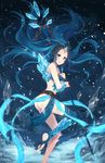  alternate_costume alternate_hair_color ass barefoot blue_eyes blue_hair blush frost_queen_janna highres ice janna_windforce kyurin_(sunnydelight) league_of_legends long_hair looking_at_viewer no_panties open_mouth smile snowing solo staff toeless_legwear 