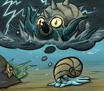  cameo closed_eyes commentary diving_mask gen_1_pokemon gen_3_pokemon glowing glowing_eyes lightning no_humans ocean omanyte omastar pokemon pokemon_(creature) rock seaweed shell sleeping snorkel spikes staryu tentacles thought_bubble twitch_plays_pokemon underwater wingull yellow_eyes 