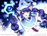  alternate_costume alternate_hair_color alternate_hairstyle blue_dress blue_eyes blue_hair blush braid dress fangs gloves hat league_of_legends long_hair long_sleeves lulu_(league_of_legends) opalheart open_mouth smile snowflakes solo staff twin_braids winter_clothes winter_wonder_lulu 