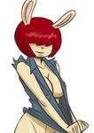  blush breasts cleavage clothed clothing female hair hair_over_eyes lagomorph mammal molly_macdonald plain_background rabbit red_hair white_background 