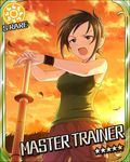  artist_request black_eyes black_hair card_(medium) character_name hair_ornament hairclip idolmaster idolmaster_cinderella_girls master_trainer official_art ponytail shinai short_hair solo sun_(symbol) sword trainer_(idolmaster) weapon wristband 