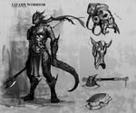  anthro argonian armor axe clothing concept_art greyscale horn invalid_tag lizard loincloth male mask monochrome original_character plantigrade reptile scalie sketch the_elder_scrolls unknown_artist video_games warrior weapon 