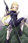  blonde_hair bodysuit diana_(league_of_legends) facial_mark forehead_mark highres league_of_legends long_hair looking_at_viewer nam_(valckiry) purple_eyes shin_guards sitting solo sword weapon 