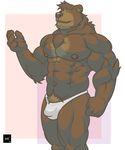  abs anthro bear biceps big_muscles brown_fur bulge chest_tuft clothed clothing eyebrows fur hair kenailykos looking_at_viewer male mammal muscles navel nipples open_mouth pecs pose pubes simple_background smile solo standing thighs thong toned topless tuft underwear 