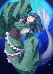  blue_eyes blue_hair floral_print fue_(fuef) head_fins japanese_clothes kimono long_sleeves looking_at_viewer mermaid monster_girl obi open_mouth sash smile solo touhou underwater wakasagihime wide_sleeves 