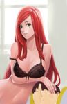  1girl bare_shoulders black_bra bling_(wnsdud34) bra breasts cleavage garen_crownguard green_eyes katarina_du_couteau lace lace_bra large_breasts league_of_legends light_smile lips long_hair looking_at_viewer navel red_hair strap_slip underwear 