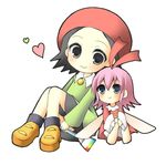  2girls adeleine black_eyes black_hair blue_eyes fairy female hair_ornament hair_ribbon hat heart highres kiminitokimeki kirby_(series) multiple_girls nintendo paint paintbrush pink_hair ribbon ribbon_(kirby) short_hair simple_background smile white_background wings 