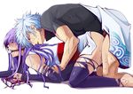  1boy 1girl 52ikaros all_fours artist_request ball_gag bare_shoulders barefoot bdsm bent_over blue_hair bondage bottomless bound character_request clothed_sex elbow_gloves feet fingerless_gloves fingernails gag gagged gintama glasses glasses_removed gloves highres legs long_hair ninja open_mouth profile purple_eyes purple_hair purple_legwear pussy_juice red-framed_glasses red_eyes sakata_gintoki saliva sarutobi_ayame sex shadow short_hair simple_background skin_tight source_request sweat tears thighhighs torn_clothes torn_thighhighs vaginal white_background 