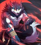  abs abstract_background anthro bandage biceps big_muscles black_nose blue_fur blue_hair canine claws clothing crouching fangs fur grin hair looking_at_viewer male mammal muscles pants pecs pose rabbity scar smile solo teeth toe_claws toned topless white_fur wolf yellow_eyes 