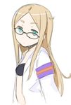  :| armband blonde_hair blue_eyes bra closed_mouth glasses ha-ru long_hair natasha_(sekai_seifuku) open_clothes open_shirt sekai_seifuku:_bouryaku_no_zvezda shirt solo underwear upper_body v-shaped_eyebrows 