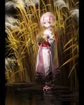  artist_name ball bob_cut dated expressionless full_body highres horns jane_mere japanese_clothes kimono looking_at_viewer obi oni original pillarboxed red_eyes reeds sandals sash short_hair solo standing temari_ball water white_hair white_kimono 