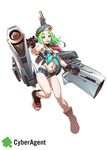 :d ankle_boots aqua_eyes armpits bare_shoulders belt belt_buckle beret bikini bikini_under_clothes black_gloves boots breasts buckle camouflage company_name crop_top darjeeling_(battle_no_jikan) dual_wielding front-tie_top full_body gloves green_hair gun hat heart highleg highleg_bikini highleg_swimsuit highres holding huge_weapon large_breasts leg_lift long_hair looking_at_viewer midriff navel necktie official_art open_mouth sensei!_tsugi_wa_battle_no_jikan_desu. short_shorts shorts simple_background smile solo string_bikini swimsuit swimsuit_under_clothes tomoyuki_kotani weapon white_background 