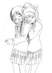  ayase_eli black_hair blush bow greyscale hug hug_from_behind love_live! love_live!_school_idol_project monochrome multiple_girls otonokizaka_school_uniform ponytail school_uniform sketch skirt smile tamagogogo toujou_nozomi twintails wavy_mouth yuri 