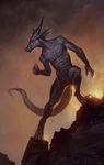  claws dark_skin dragon horn lhuneart male nude orange_eyes outside pose scales scalie solo standing sunset 