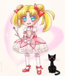  :3 artist_name bishoujo_senshi_sailor_moon black_cat blonde_hair blue_eyes bow bow_(weapon) cat commentary cosplay crossover double_bun gloves hair_ribbon kaname_madoka kaname_madoka_(cosplay) kyubey luna_(sailor_moon) magical_girl mahou_shoujo_madoka_magica next_lvl open_mouth red_bow red_eyes ribbon seguchi-sama sitting smile standing tsukino_usagi twintails weapon white_gloves 