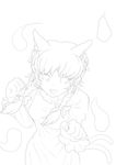  absurdres animal_ears bow braid cat_ears cat_tail clenched_hands commentary_request dress fang greyscale hair_bow highres kaenbyou_rin koshi_(koshi_vortex) looking_at_viewer monochrome multiple_tails nekomata open_mouth short_hair sketch solo tail touhou twin_braids two_tails 