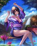  arms_up barefoot blue_eyes breasts bridge brown_hair cloud day dragon's_shadow flower hair_flower hair_ornament hair_ribbon japanese_clothes kimono large_breasts legs lily_pad nguyen_uy_vu obi off_shoulder official_art ribbon sash sitting sky soaking_feet solo water waterfall 