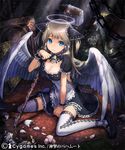  angel_wings bell blue_eyes book bow breasts brown_hair chain cleavage frown hair_bow halo maeya_susumu maid mary_janes medium_breasts mop official_art petals shingeki_no_bahamut shoes sitting solo thighhighs two_side_up wariza wings zettai_ryouiki 