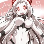  :d airfield_hime blush bouncing_breasts breasts heart highres horns kantai_collection large_breasts long_hair looking_at_viewer navel open_mouth red_eyes shinkaisei-kan smile solo star tom_(drpow) very_long_hair white_hair white_skin wristband 