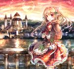  backpack bag blonde_hair castle cloud dress full_moon hair_ornament highres leaf long_hair moon original pointy_ears pouch red_eyes rudia sky two_side_up vial water 