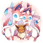  blush bow closed_eyes eevee gen_1_pokemon gen_6_pokemon lowres nigo no_humans one_eye_closed open_mouth pokemon pokemon_(creature) ribbon smile sylveon 