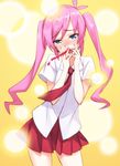  blood blue_eyes blush commentary hands_on_own_cheeks hands_on_own_face long_hair looking_at_viewer matsuryuu moe_musume necktie nosebleed pink_hair pixiv skirt smile solo twintails 