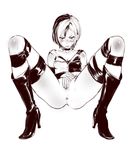  anus blush boots breasts character_request choker cleavage covering covering_crotch highres marker_(medium) medium_breasts monochrome multicolored_hair nbo no_panties partially_visible_vulva short_hair solo spread_legs striped striped_legwear thighhighs traditional_media two-tone_hair 