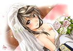  abo_(hechouchou) arm_hug black_hair bouquet breasts brown_eyes cleavage dress flower from_above haruna_(kantai_collection) kantai_collection looking_at_viewer medium_breasts pov solo_focus veil wedding_dress 