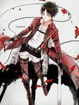  belt black_hair dual_wielding eren_yeager holding michi_(iawei) shingeki_no_kyojin short_hair sword thigh_strap three-dimensional_maneuver_gear weapon yellow_eyes 