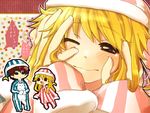  androgynous bad_id bad_pixiv_id blonde_hair brown_hair cat chibi diana_(umineko) grey_eyes hat kusunoki_kotori multiple_boys nightcap pajamas sleeves_past_wrists striped translation_request umineko_no_naku_koro_ni ushiromiya_lion vertical_stripes white_cat willard_h_wright 