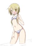  bikini blonde_hair blush flat_chest ichii_yui long_hair looking_at_viewer low_twintails mel_(melty_pot) open_mouth simple_background solo swimsuit twintails wading white_background yellow_eyes yuyushiki 