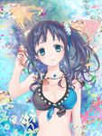  bikini_top blue_eyes blue_hair breasts cleavage conch front-tie_top hacco hiradaira_chisaki jewelry long_hair looking_at_viewer medium_breasts nagi_no_asukara necklace shell side_ponytail smile solo striped swimsuit 