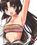  arm_up armpits bandeau black_hair breasts brown_eyes dd_(ijigendd) hadanugi_dousa kantai_collection long_hair medium_breasts navel off_shoulder open_mouth shouhou_(kantai_collection) single_bare_shoulder smile solo strapless upper_body very_long_hair 