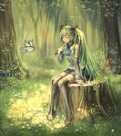  anbe_yoshirou bird boots closed_eyes detached_sleeves flower green_hair hair_flower hair_ornament hair_ribbon hatsune_miku long_hair md5_mismatch nature neckerchief parted_lips ribbon shirt sitting sitting_on_tree_stump sketch skirt solo thigh_boots thighhighs tree tree_stump twintails very_long_hair vocaloid 