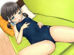 bad_id bad_pixiv_id black_hair blue_eyes blush couch covered_navel kabocha_head lying navel one-piece_swimsuit open_mouth original school_swimsuit short_hair short_twintails solo sweat swimsuit twintails 