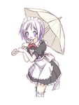  blush bow frills garters hiiragi_tsukasa leaning_forward looking_at_viewer lucky_star maid maid_headdress mel_(melty_pot) open_mouth purple_hair short_hair simple_background smile solo thighhighs umbrella white_background white_legwear zettai_ryouiki 