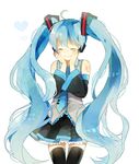  ahoge blue_hair blush closed_eyes detached_sleeves hands_on_own_face hatsune_miku headphones heart long_hair necktie number skirt smile solo thighhighs twintails very_long_hair vocaloid white_background yuya_kyoro zettai_ryouiki 