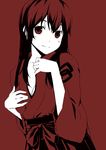  akagi_(kantai_collection) blush breasts cleavage hakama_skirt japanese_clothes kantai_collection kouji_(campus_life) long_hair looking_at_viewer md5_mismatch medium_breasts monochrome red skirt smile solo spot_color 